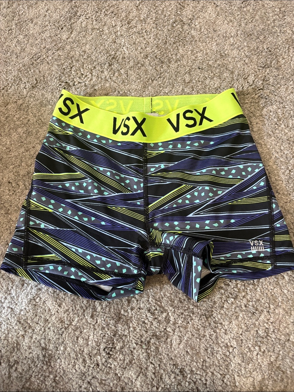 VSX Neon Yellow Waistband Striped Geometric Athletic Shorts
